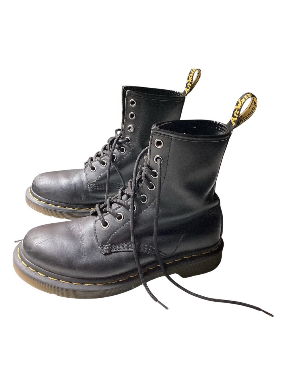 Dr. Martens Black Leather 8-Eye Boots with Yellow Stitching